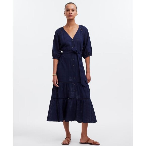 Madewell Dresses & Skirts - Madewell Tie-Waist Tiered Midi Dress in Windowpane Women's Size 8 Navy Blue NWT!